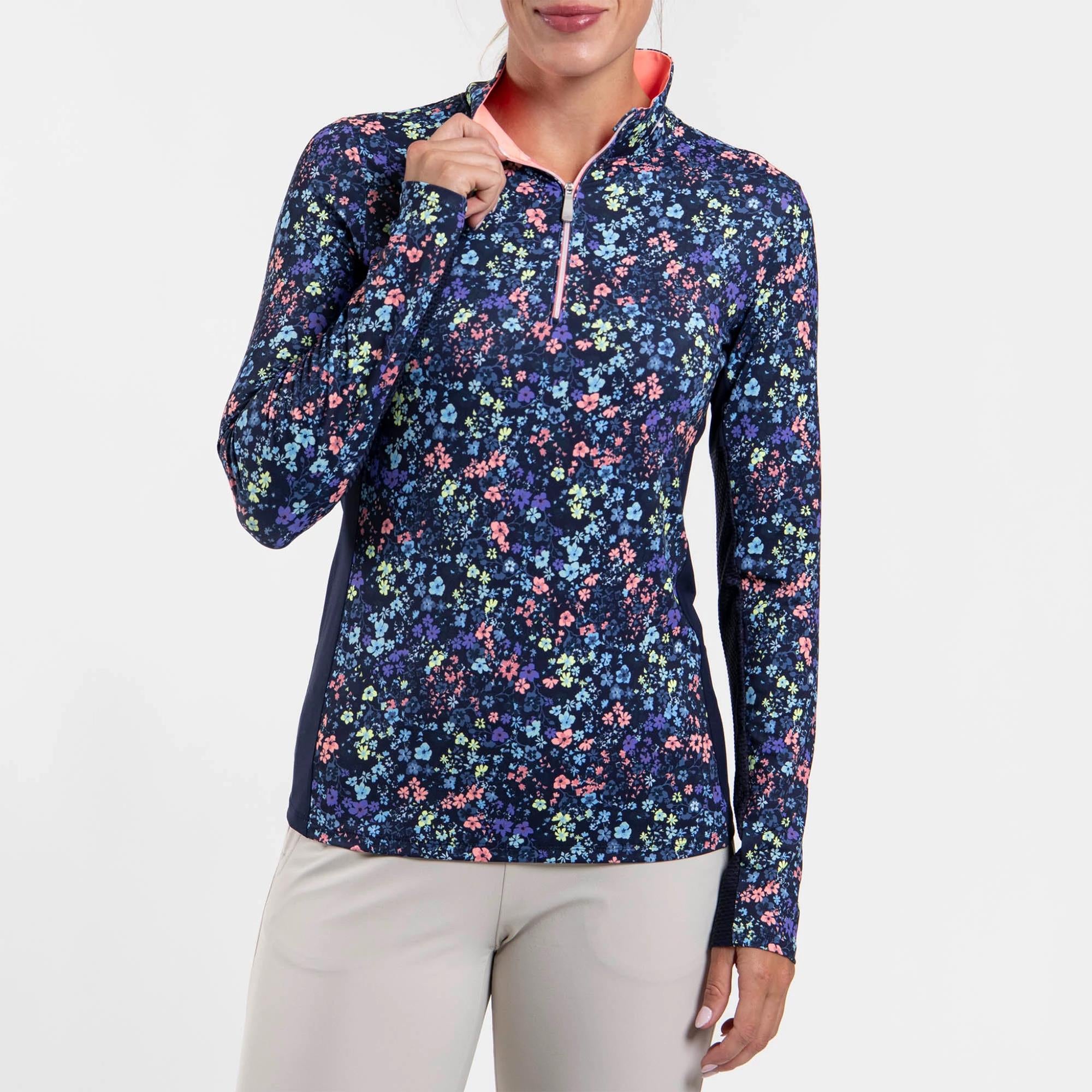 KJUS Sunshine Printed Half Zip Ladies Golf Mid Layer Atlanta Blue/Limoncello